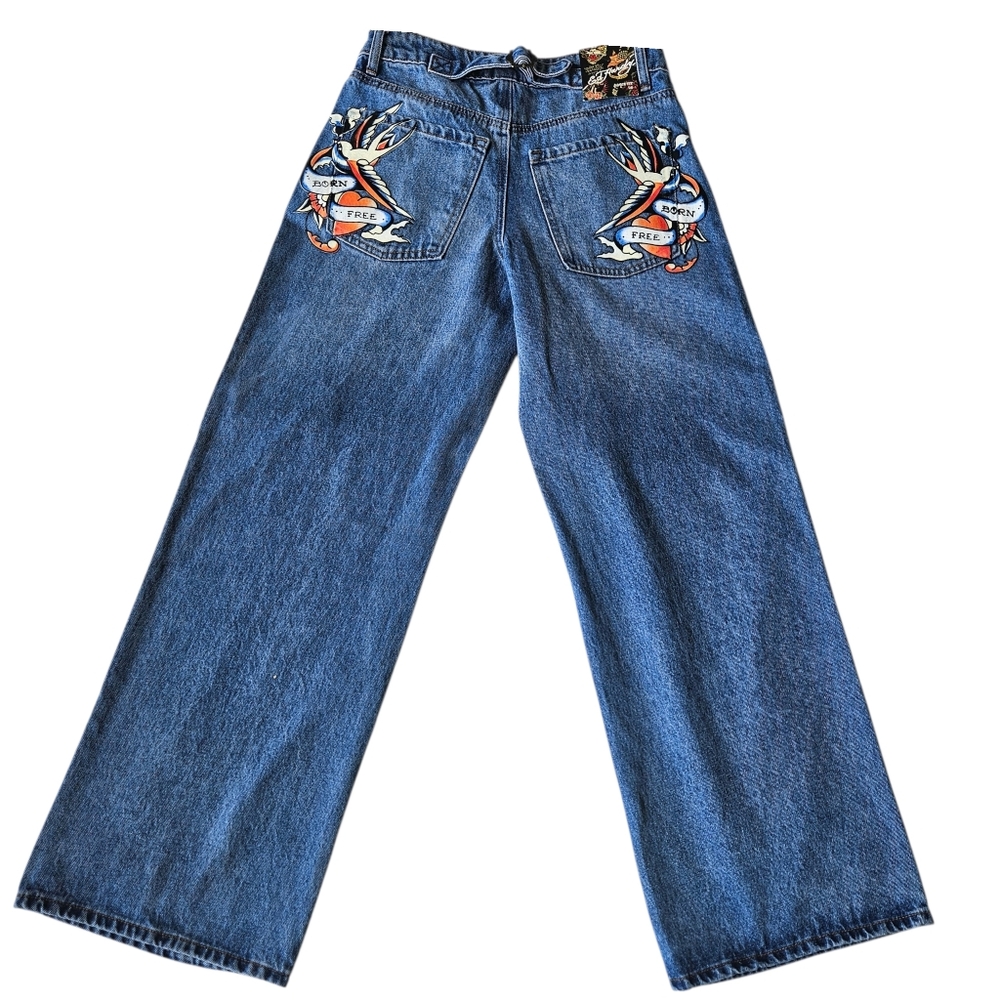 Ed Hardy Women’s Loose Fit Jeans  Blue Graphic Print Denim Size 26